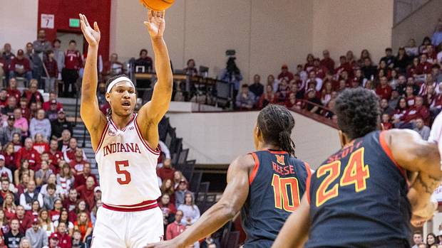 Indiana Hoosiers forward Malik Reneau (5) shoots the ball while Maryland Terrapins forward Julian Reese (10) defends in the first half at Simon Skjodt Assembly Hall.