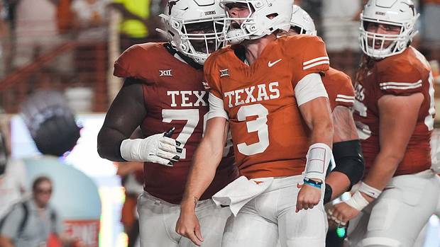 Quinn Ewers Celebrates a Texas Longhorns touchdown.