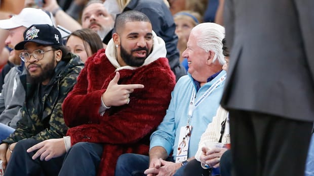 Dec 1, 2021; Oklahoma City, Oklahoma, USA; Rapper, singer and actor Drake watches the Oklahoma City Thunder take on the Houston Rockets during the second half of an Oklahoma City Thunder game at Paycom Center. Mandatory Credit: Alonzo Adams-USA TODAY Sports