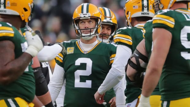 Green Bay Packers kicker Mason Crosby (2) reacts after missing a field goal during the first quarter of their game Sunday, November 14, 2021 at Lambeau Field in Green Bay, Wis. The Green Bay Packers beat the Seattle Seahawks 17-0