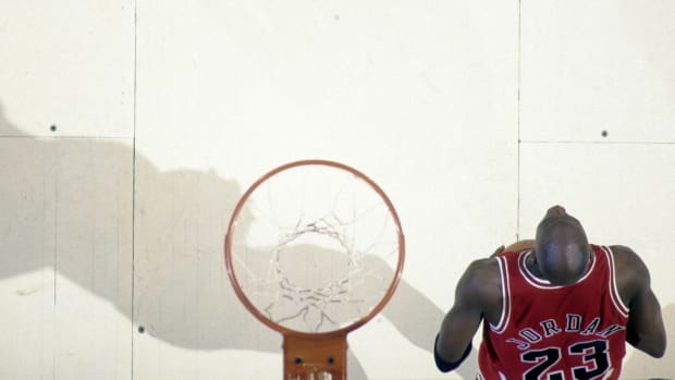 Chicago Bulls guard Michael Jordan against the Portland Trailblazers at Memorial Coliseum during the 1992-93 season.