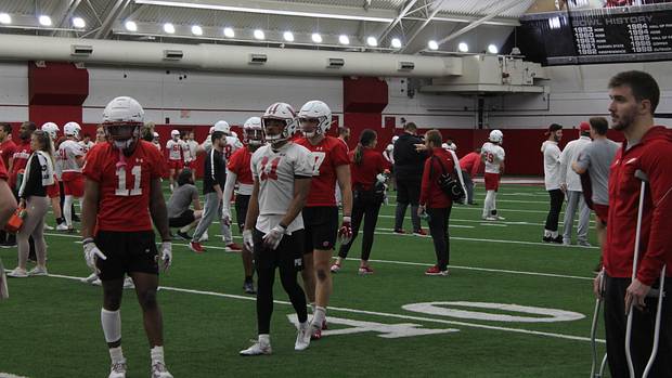 Skyler Bell and Alexander Smith during spring practice on Thursday.