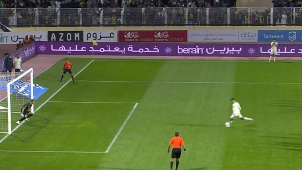 Cristiano Ronaldo pictured taking a penalty to score his first ever Al Nassr goal