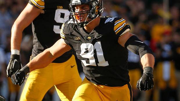 Iowa freshman defensive lineman Lukas Van Ness reacts after sacking Colorado State quarterback Todd Centeio in the third quarter at Kinnick Stadium in Iowa City, Iowa, on Saturday, Sept. 25, 2021.
