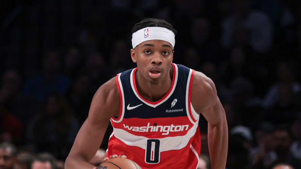 Washington Wizards guard Bilal Coulibaly (0) dribbles up court during the second half against the Brooklyn Nets at Barclays Center.