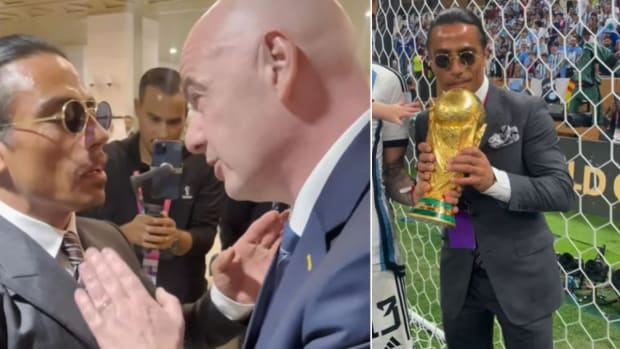 Salt Bae pictured (right) holding the World Cup trophy and (left) in conversation with FIFA president Gianni Infantino