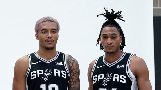 Jeremy Sochan (10) and Devin Vassell (24) during media day for the San Antonio Spurs.