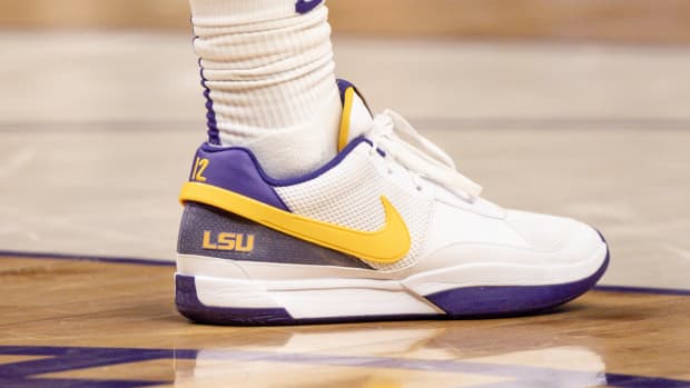 Ja Morant's white, purple, and gold 'LSU Tigers' Nike sneakers.