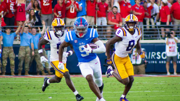Ole Miss Rebels WR Tre Harris catches a pass against No. 13 LSU Tigers 