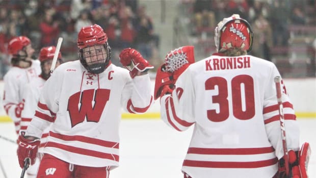 Wisconsin's Britta Curl (left) and Cami Kronish celebrate Curl's goal during the second period of the Badgers' 2-1 victory over Minnesota State on Saturday Jan. 21, 2023 at LaBahn Arena in Madison, Wis.