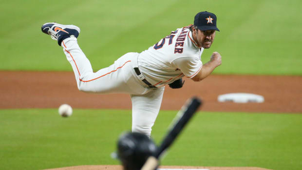 Jul 24, 2020; Houston, Texas, USA; Houston Astros starting pitcher Justin Verlander (35) delivers a pitch during the first inning against the Seattle Mariners at Minute Maid Park. Mandatory Credit: Troy Taormina-USA TODAY Sports