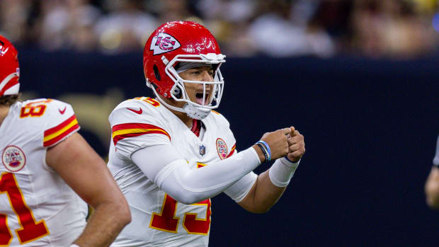 Kansas City Chiefs quarterback Patrick Mahomes calls a play against the New Orleans Saints.