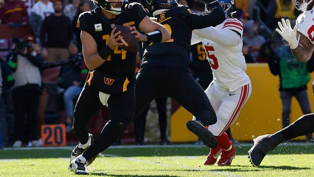 Former Washington Commanders quarterback Sam Howell against the New York Giants during the 2023 NFL Season.