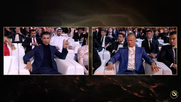Cristiano Ronaldo pictured pointing at Erling Haaland when the two players were shown in split-screen mode moments before Haaland was confirmed as the Best Men's Player at the 2023 Globe Soccer Awards ceremony in Dubai