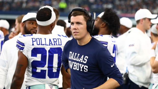 Dallas Cowboys offensive coordinator Kellen Moore on the sidelines during the game against the New York Giants at AT&T Stadium.