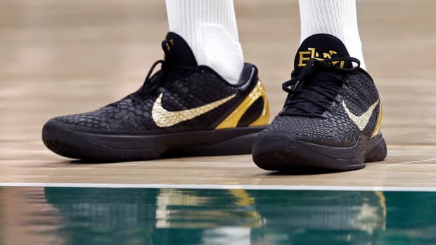 Milwaukee Bucks guard Wesley Matthews wears the Nike Kobe 6 'BHM' sneakers during the game against the Boston Celtics on May 13, 2022.