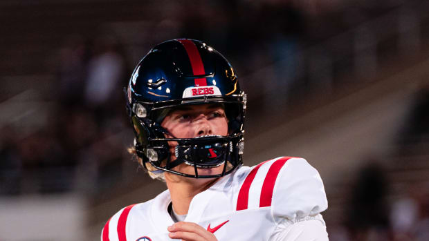 Ole Miss QB Jaxson Dart in pregame warmups at Mississippi State