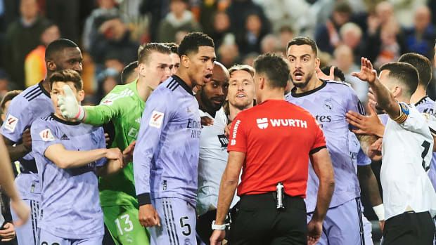 Real Madrid's no.5 Jude Bellingham pictured shouting at referee Jesus Gil Manzano moments before he was shown a red card at the end of his team's 2-2 draw at Valencia in March 2024