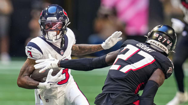 Oct 8, 2023; Atlanta, Georgia, USA; Houston Texans wide receiver Tank Dell (3) runs against Atlanta Falcons safety Richie Grant (27) during the first half at Mercedes-Benz Stadium. Mandatory Credit: Dale Zanine-USA TODAY Sports