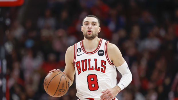 December 7, 2022; Chicago Bulls guard Zach LaVine brings the ball up court against the Washington Wizards