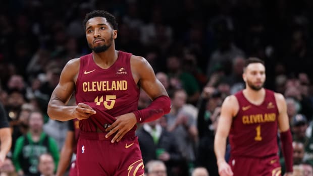 Dec 12, 2023; Boston, Massachusetts, USA; Cleveland Cavaliers guard Donovan Mitchell (45) reacts after being defeated by the Boston Celtics in the second half at TD Garden.