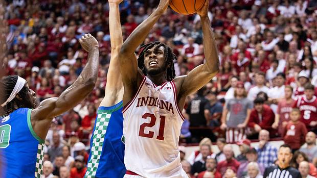 Indiana's Mackenzie Mgbako (21) shoots during the first half of the Indiana versus Florida Gulf Coast men's basketball game at Simon Skjodt Assembly Hall on Tuesday, Nov. 7, 2023.