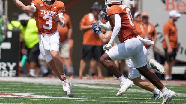 Texas Longhorns quarterback Quinn Ewers (3) looks to pass the ball against the Rice Owls in the first half of an NCAA college football game, Saturday, Sept. 2, 2023, in Austin, Texas.