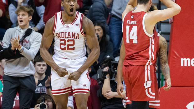 Indiana Hoosiers forward Jordan Geronimo (22) celebrates a made basket in the second half against the Wisconsin Badgers at Simon Skjodt Assembly Hall.