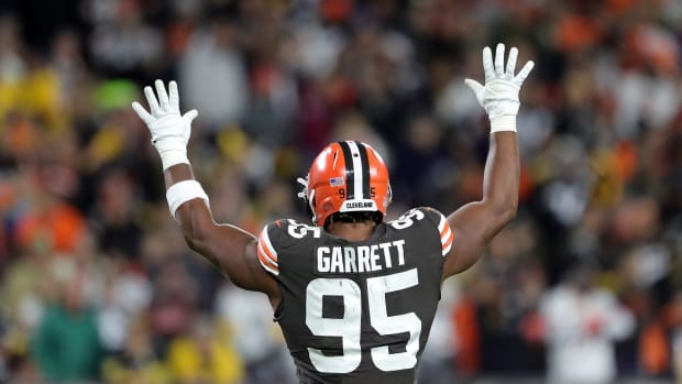 Browns defensive end Myles Garrett gets the crowd pumped up on third down during the second half against the Steelers, Thursday, Sept. 22, 2022, in Cleveland Browns