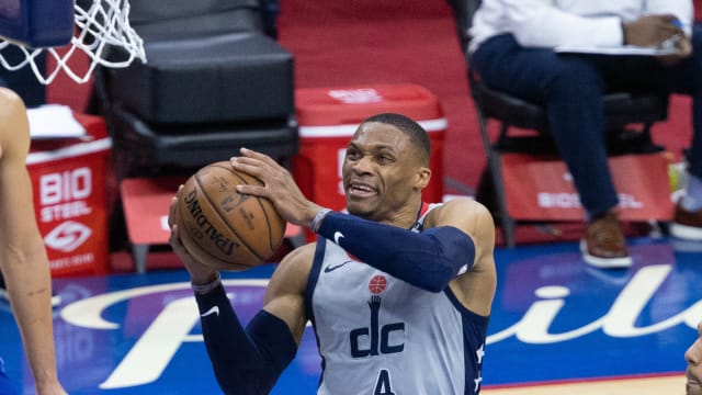 Washington Wizards guard Russell Westbrook (4) goes to the basket against the Philadelphia 76ers during the third quarter in game five of the first round of the 2021 NBA Playoffs at Wells Fargo Center.