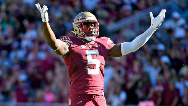 Florida State Seminoles defensive end Jared Verse celebrates a play during a college football game.