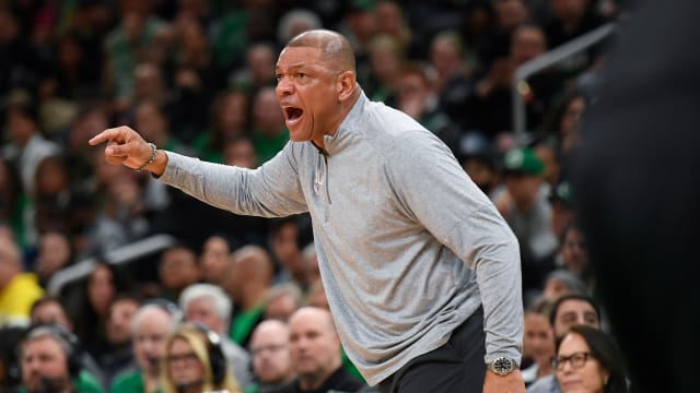 May 1, 2023; Boston, Massachusetts, USA; former Philadelphia 76ers head coach Doc Rivers reacts in the second half during game one of the 2023 NBA playoffs against the Boston Celtics at TD Garden.