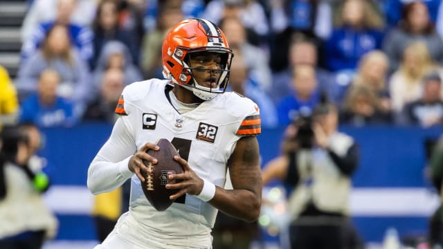 Oct 22, 2023; Indianapolis, Indiana, USA; Cleveland Browns quarterback Deshaun Watson (4) drops back to pass the ball in the first quarter against the Indianapolis Colts at Lucas Oil Stadium.