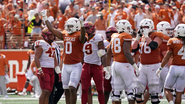 Texas Longhorns tight end Ja'Tavion Sanders (0) reacts after a victory over the Iowa State Cyclones at Darrell K Royal-Texas Memorial Stadium.