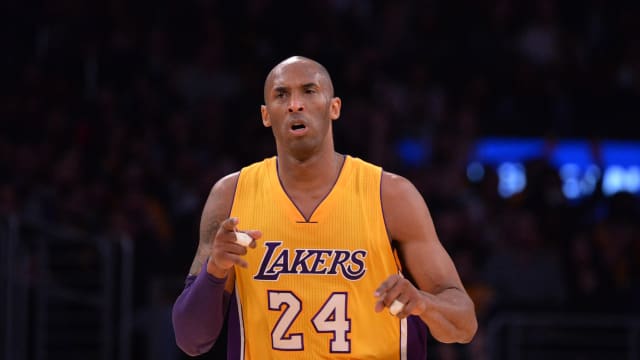 Los Angeles Lakers guard Kobe Bryant reacts during a 2016 NBA game.