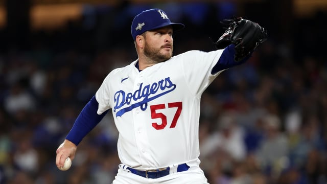 Oct 9, 2023; Los Angeles, California, USA; Los Angeles Dodgers relief pitcher Ryan Brasier (57) throws a pitch against the Arizona Diamondbacks in the fourth inning for game two of the NLDS for the 2023 MLB playoffs at Dodger Stadium. Mandatory Credit: Kiyoshi Mio-USA TODAY Sports  