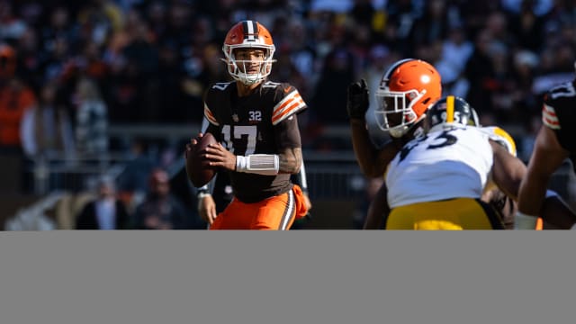 Nov 19, 2023; Cleveland, Ohio, USA; Cleveland Browns quarterback Dorian Thompson-Robinson (17) looks for an available receiver against the Pittsburgh Steelers during the first quarter at Cleveland Browns Stadium. 