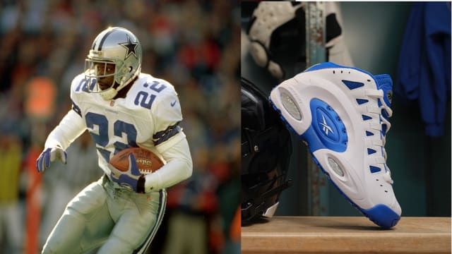 Dallas Cowboys running back Emmitt Smith next to his Reebok sneakers.