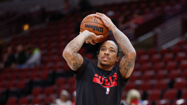 Dec 26, 2022; Chicago, Illinois, USA; Chicago Bulls forward DeMar DeRozan (11) warms up before an NBA game against the Houston Rockets at United Center.