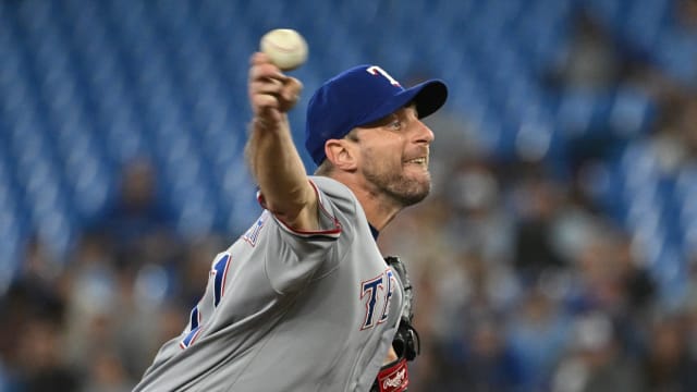 Sep 12, 2023; Toronto, Ontario, CAN; Texas Rangers starting pitcher Max Scherzer (31) delivers a pitch against the Toronto Blue Jays in the first inning at Rogers Centre. Mandatory Credit: Dan Hamilton-USA TODAY Sports  