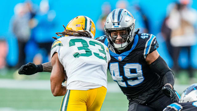 Former Carolina Panthers linebacker Frankie Luvu (49) is set to become a member of the Washington Commanders when the new league year begins on Wednesday.