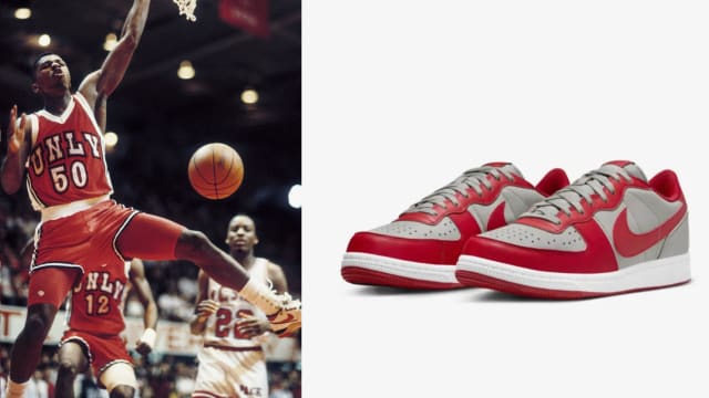 UNLV Runnin' Rebels guard Greg Anthony next to a red and silver Nike sneaker.