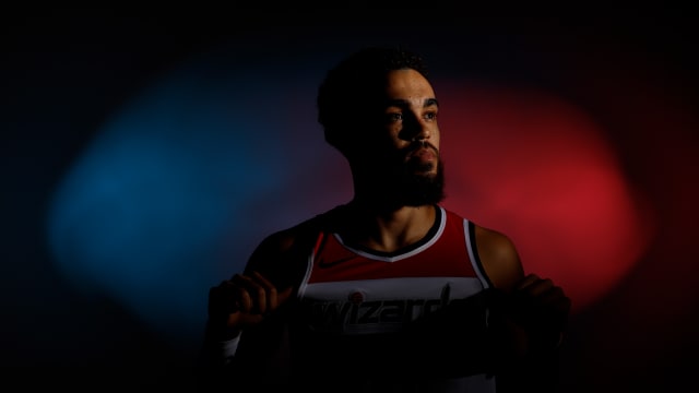 Washington Wizards guard Tyus Jones (5) poses for a portrait during Wizards media day at Capital One Arena.