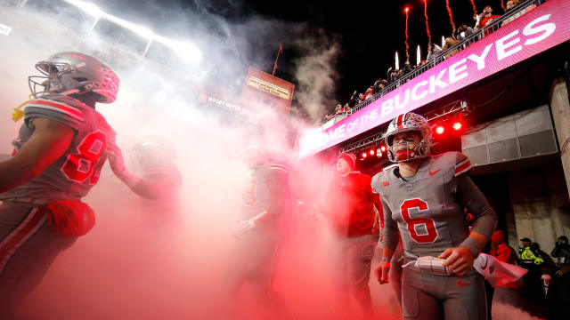 Ohio State Buckeyes quarterback Kyle McCord (6) enters the field before the game against the Michigan State Spartans at Ohio Stadium.