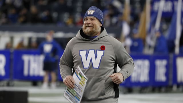 Nov 11, 2023; Winnipeg, Manitoba, CAN; Winnipeg Blue Bombers head coach Mike O'Shea enters the field prior to the game between the Winnipeg Blue Bombers and the BC Lions at IG Field. Mandatory Credit: Bruce Fedyck-USA TODAY Sports