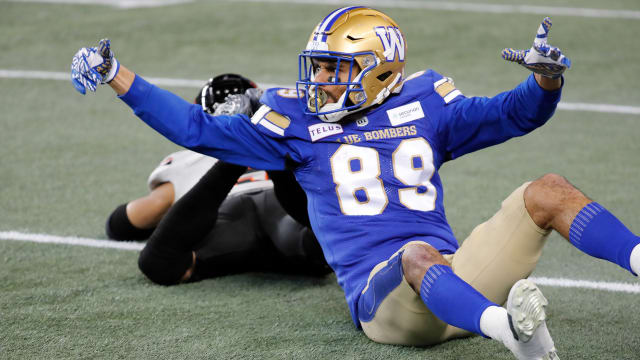 Nov 11, 2023; Winnipeg, Manitoba, CAN; Winnipeg Blue Bombers wide receiver Kenny Lawler (89) reacts after no penalty was called after the play during the 4th quarter of the game against the BC Lions at IG Field. Winnipeg wins 24-13 to advance to 2023 Grey Cup. Mandatory Credit: Bruce Fedyck-USA TODAY Sports.