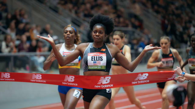 Kendall Ellis crosses the finish line at the 2024 New Balance Indoor Grand Prix.