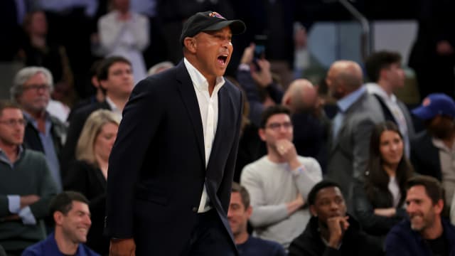 May 2, 2023; New York, New York, USA; New York Knicks former player John Starks cheers during the fourth quarter of game two of the 2023 NBA Eastern Conference semifinal playoffs against the Miami Heat at Madison Square Garden.