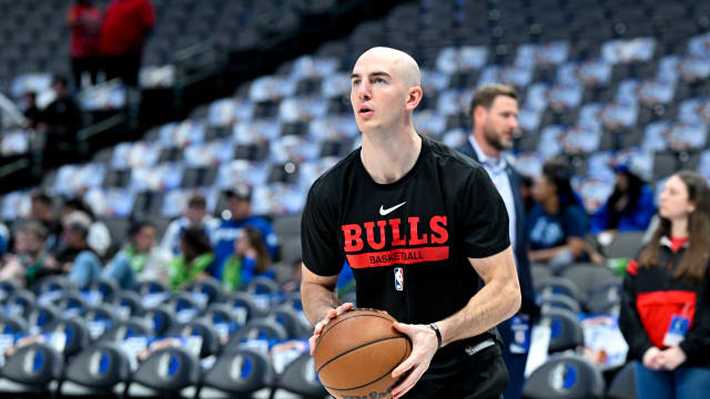Apr 7, 2023; Dallas, Texas, USA; Chicago Bulls guard Alex Caruso warms up before the game against the Dallas Mavericks at the American Airlines Center.