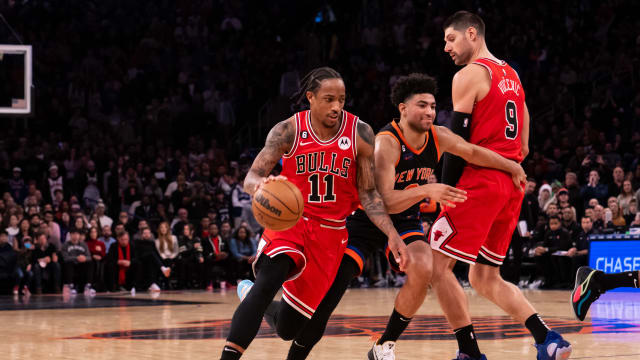 Dec 23, 2022; New York, New York, USA; Chicago Bulls forward DeMar DeRozan (11) makes a move to the basket against the New York Knicks during the fourth quarter at Madison Square Garden.